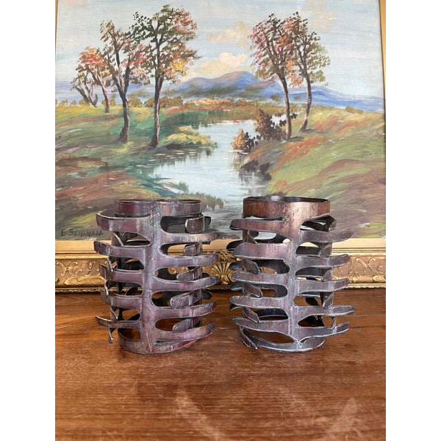 Metal Pair of Brutalist Style Hand-Cut Metal Candle Holders, Mid-20th Century For Sale - Image 7 of 8