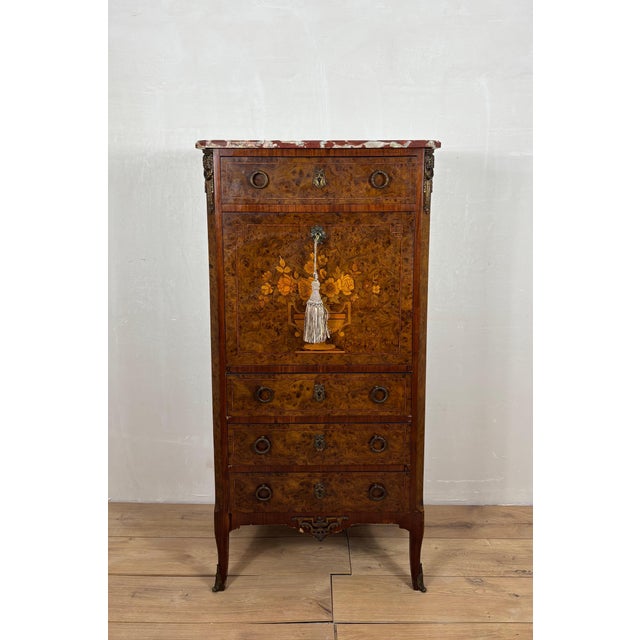 Brown French Louis XVI Style Burl Wood Secretary Chest with Marble Top, 1930s For Sale - Image 8 of 15
