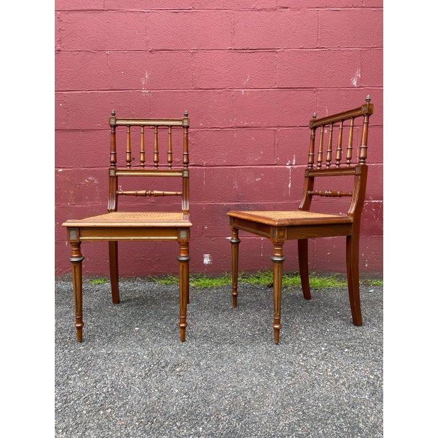 Pair of French Early 20th Century Louis XVI Style Caned Side Chairs With Brass Detail For Sale - Image 4 of 13