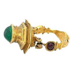 Vintage 22K Gold Egyptian Revival Cabochon Cut Emerald and Garnet Ring, Size 5