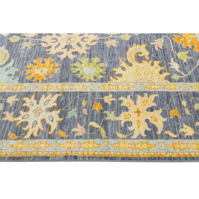 Modern Hand-Knotted Oushak Style Wool Rug in Slate Blue, Ochre & Pastel Accents For Sale In New York - Image 6 of 11