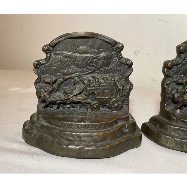 Pair of Antique Armor Bronze Clad Ye Ols Coaching Days Horse and Buggy Bookends For Sale In New York - Image 6 of 11