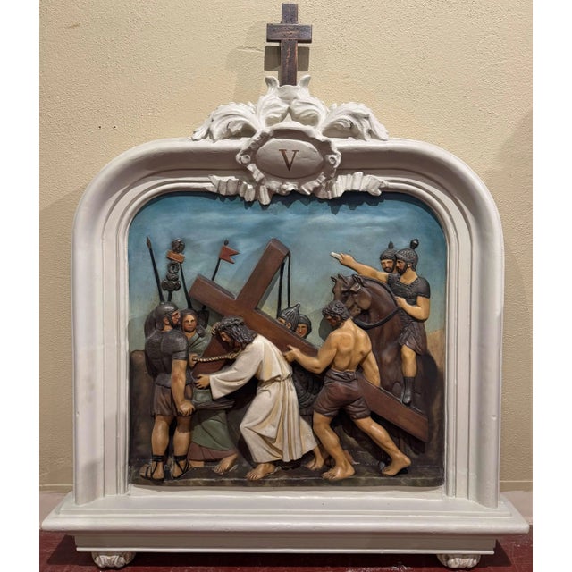 Off-white Complete Set of 14 19th Century French Polychrome Stations of the Cross Panels For Sale - Image 8 of 12