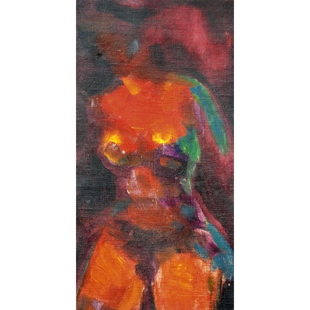 Vivid abstract expressionist painting of a colorful nude female figure by the artist Tom Hamil (American, b. 1928). Signed...