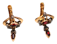 Gold Earrings with Diamond Chips and Garnets Inlaid, Set of 2