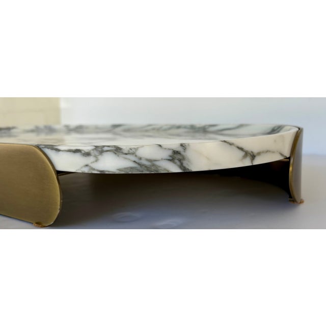 Stylish Revelation Modern Brass and Arabescato Marble Lozenge Tray, showroom floor sample, pattern in the marble may vary...