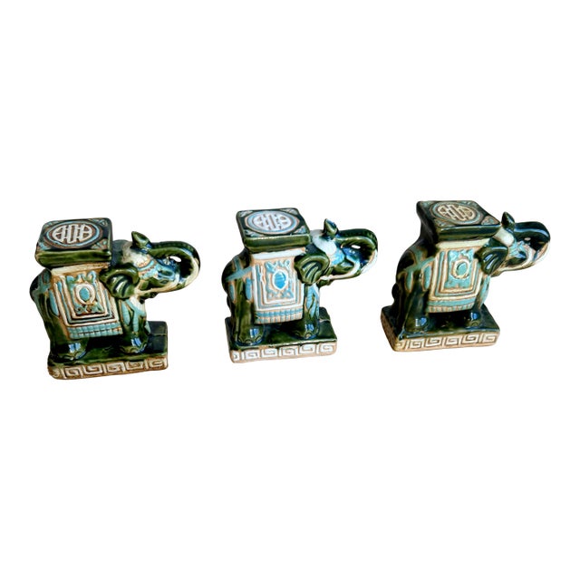1960s Mid-Century Sancai Glaze Ceramic Elephant Pedestal Trio - Shelf Scale For Sale