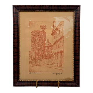 Vintage 1948 Fulda Germany Hexenturm Witches Tower Sepia Print For Sale