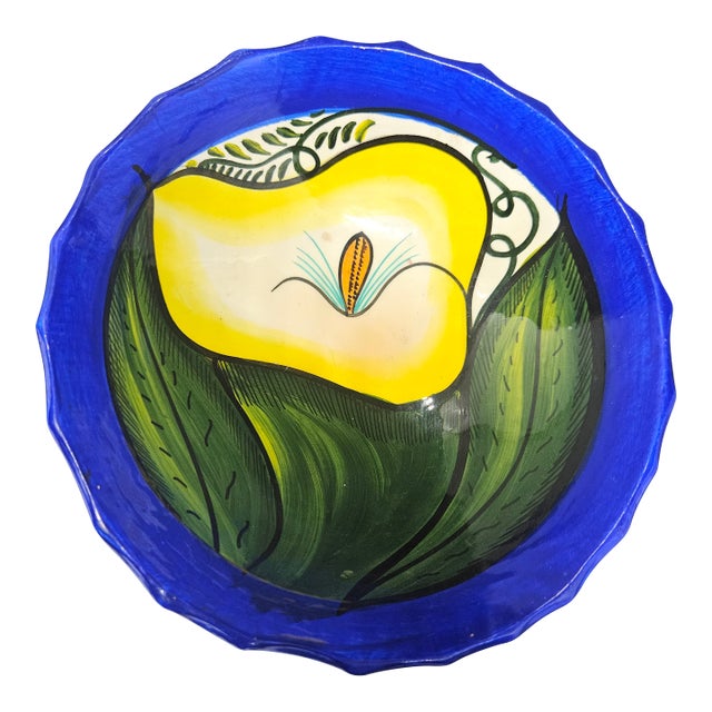 Vintage Talavera Round 3 Footed 6” Bowl Blue With Yellow Calla Lily Mexican Pottery For Sale