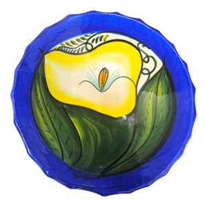 Vintage Talavera Round 3 Footed 6” Bowl Blue With Yellow Calla Lily Mexican Pottery