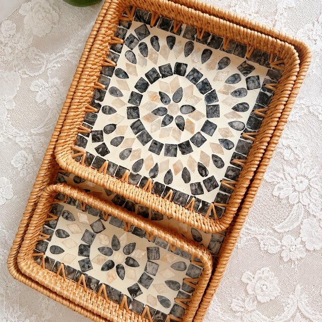 This set of three rectangular trays is made of hand-made rattan weaving and mother-of-pearl inlay techniques. The natural...