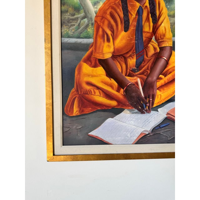 Vintage Haitian Figurative Young Girl Writing Oil Painting by Horestal For Sale In Miami - Image 6 of 12