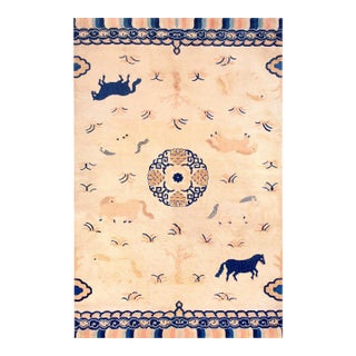 Beige 1930s Hand Knotted Pile Geometric Medallion Rectangle Wool Antique Rug For Sale