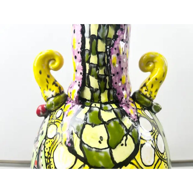 Abstract Abstract Studio Multi-Color Hand Painted Ceramic Vase Signed & Dated 1999 For Sale - Image 3 of 17