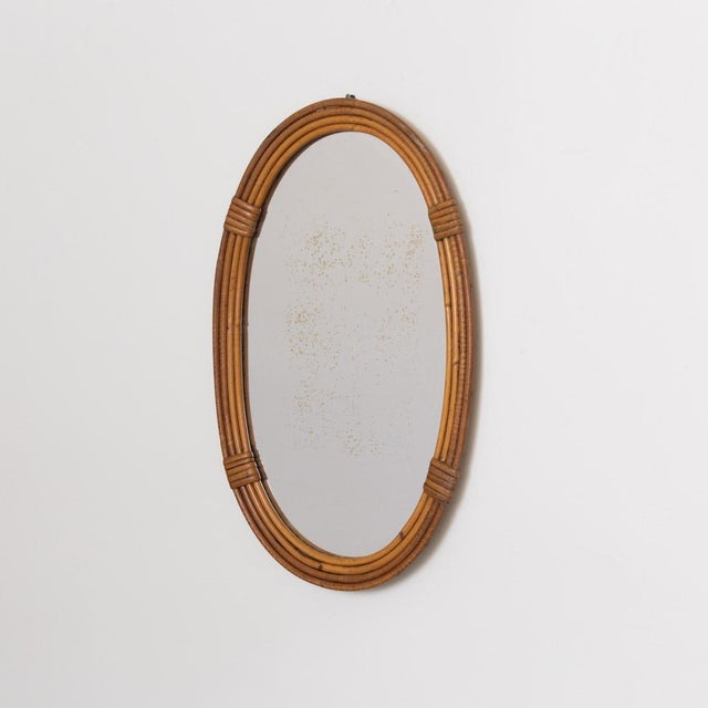French 1960s French Rattan Oval Mirror For Sale - Image 3 of 11
