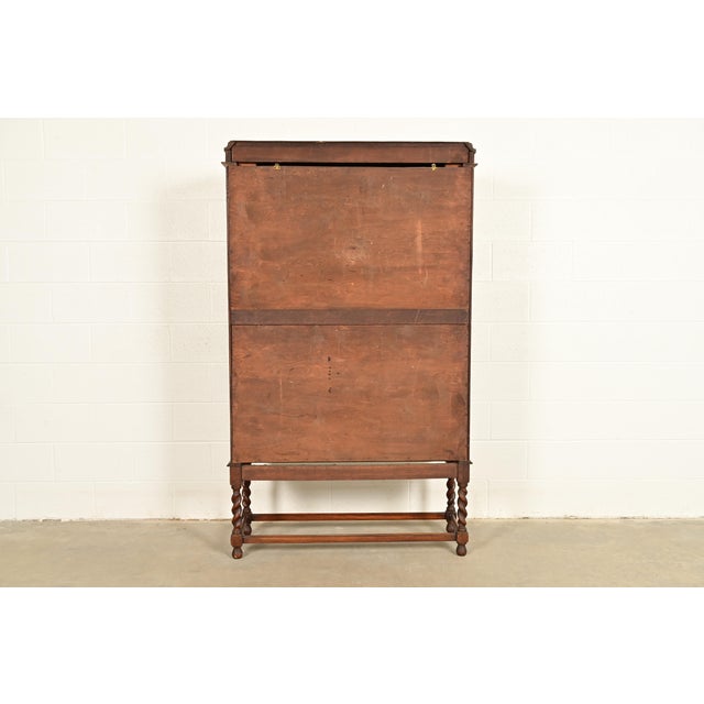 Stickley Brothers Style Antique Arts & Crafts Carved Oak Bookcase Cabinet With Leaded Glass Doors, Circa 1900 For Sale - Image 13 of 14