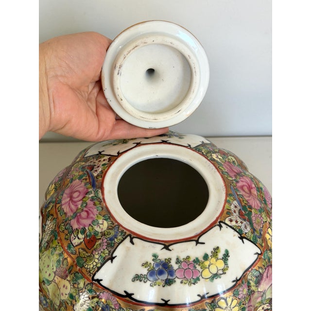 Late 20th Century Pair of Vintage Chinese Famille Rose Medallion Pumpkin Form or "Melon-Ribbed" Body Ginger Jars With Gilded Stem Lids 10.5"h X 9"w For Sale - Image 5 of 12