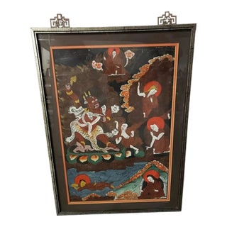 Circa 1970 Tibetan Buddhist Yogi-Saint Milarepa Demon Framed Thangka Narrative Scroll Textile Painting. For Sale