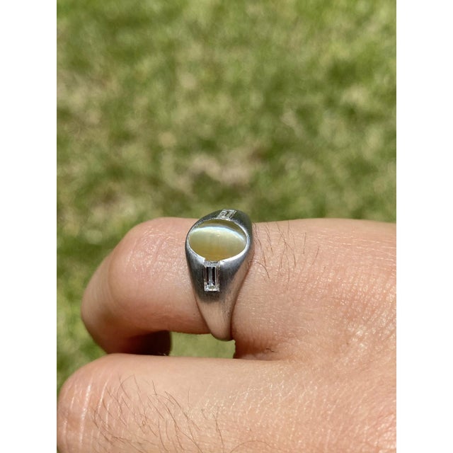 Contemporary 3 Carat Green Chrysoberyl Cats Eye and Baguette Cut Diamonds in Platinum Ring, Size 7.25 For Sale - Image 3 of 6