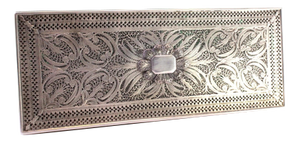 Filigree Silver Box with Applications and Monogram Plaque Lid and Round Feet