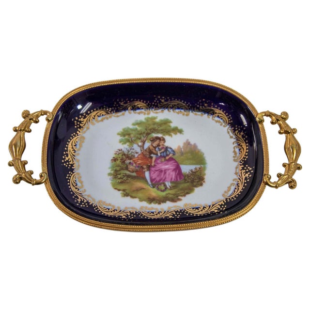 Limoges France Dish in Royal Blue with Fragonard Couple and Fine Gold Metal Trim For Sale - Image 11 of 17