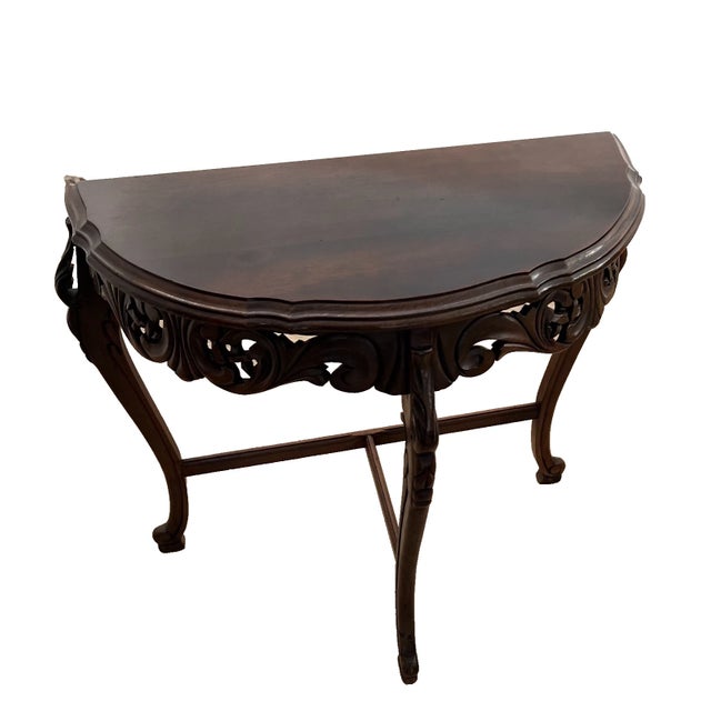 Gorgeous Antique French Demilune Console Table Hand Carved legs and skirt, Petite size, Mahogany top and solid legs and...