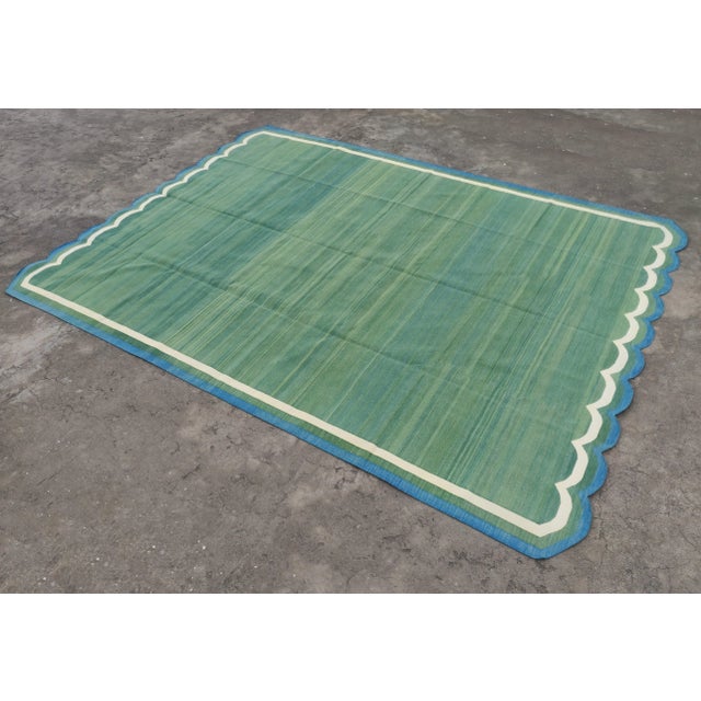 Mid-Century Modern Handmade Cotton Scalloped Green Rug - 12'x15' For Sale - Image 3 of 11