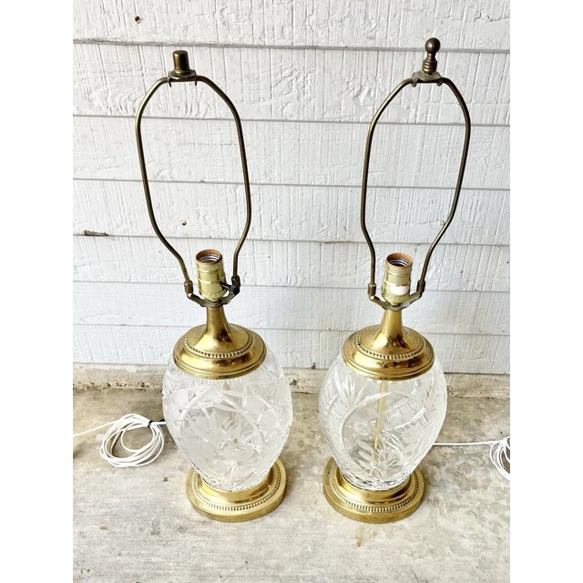 Dresden 1970s Vintage Pair of Cut Rose Flower Crystal Oval Gold Brass Lamps 27” Good vintage condition. No chips to...