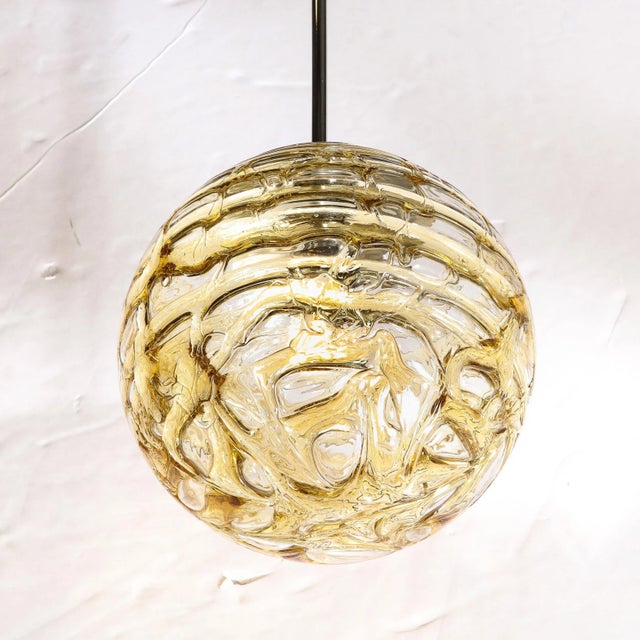 Metal Mid-Century Modernist Smoked Amber Molten Banded Murano Glass Pendant Chandelier For Sale - Image 7 of 12