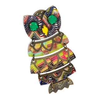 Missoni Italy Brass and Fabric Jeweled Owl Pin Brooch For Sale