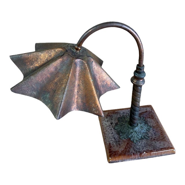 Antique Arts Crafts Copper Desk Lamp Clay Tile Base Ruffle Clam Shell Shade For Sale