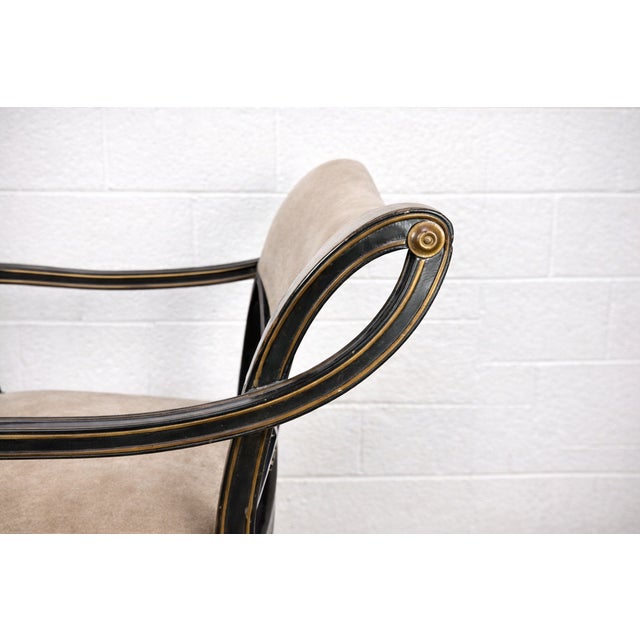 Late 20th Century Pair of Regency-Style Chinoiserie Ebonized Armchairs With Hand-Painted Scenic Decoration, Upholstered in Kravet Versailles Velvet For Sale - Image 11 of 11