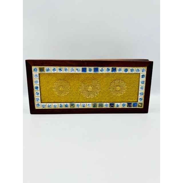 Mid 20th Century Georges Briard Regalia MCM Teak Wood Box W Mosaic Tile & Glass Inset Top For Sale - Image 9 of 12