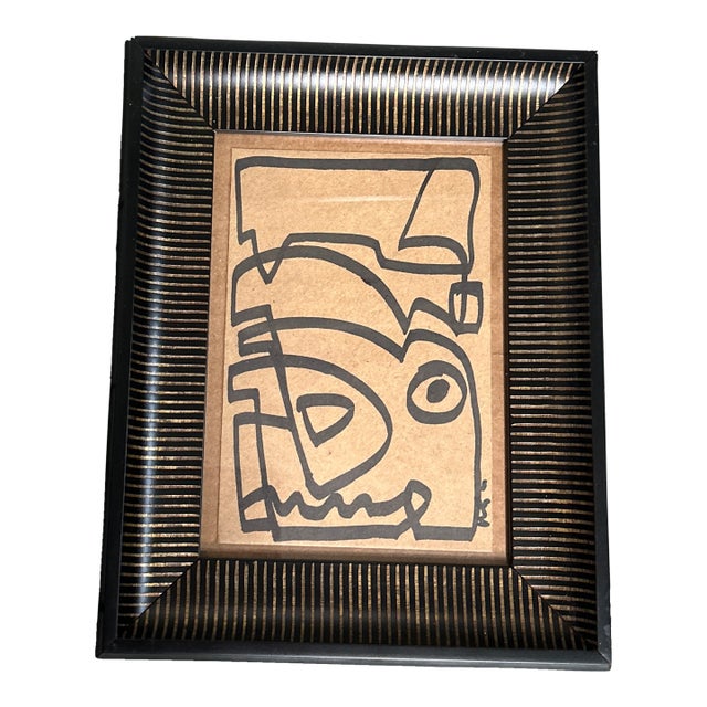 Contemporary Original Wayne Cunningham Abstract Marker Drawing in Striped Frame For Sale