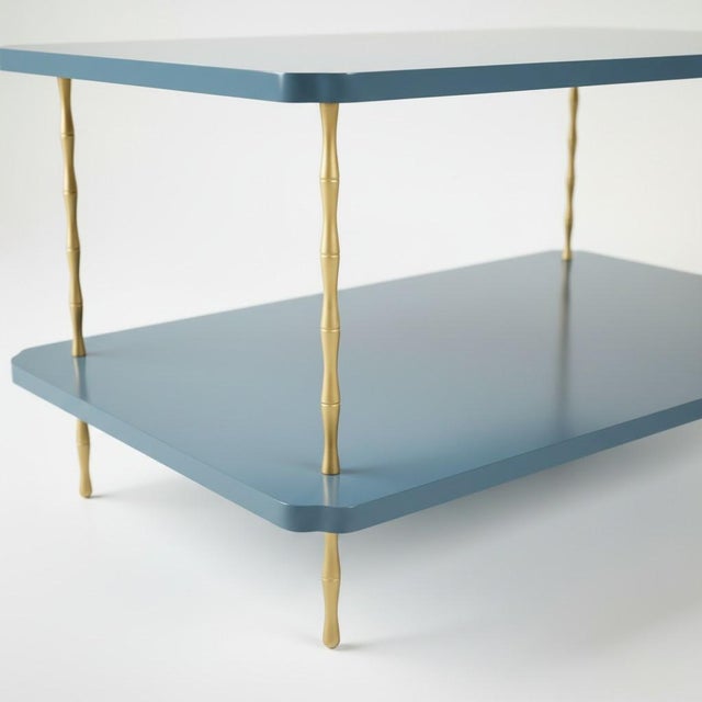 Handcrafted Satin Sea Reflection Painted Two-Layer Coffee Table With Brass Bamboo Legs For Sale - Image 4 of 7