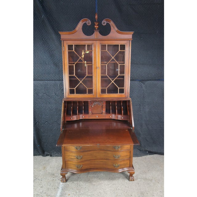 Antique Maddox Chippendale Mahogany Serpentine Secretary Writing Desk Bookcase For Sale - Image 10 of 14
