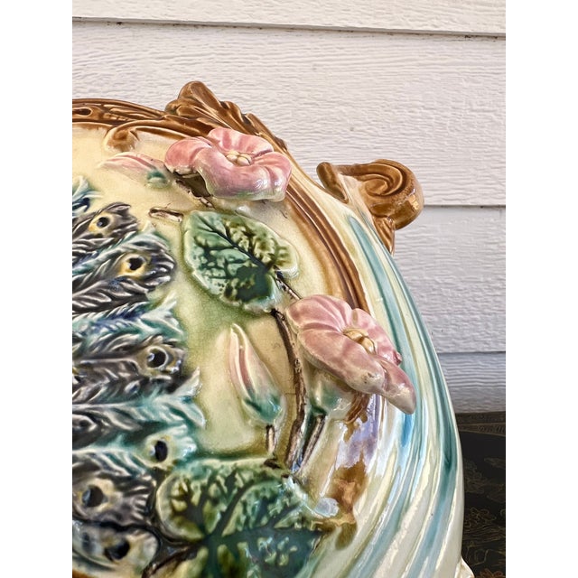 Ceramic Antique French Majolica Jardinière Planter Peacock Onnaing Large Cache Pot C1880 For Sale - Image 7 of 18