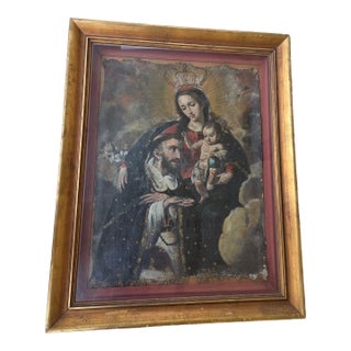 Antique Spanish Colonial Painting on Canvas Under Glass For Sale