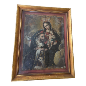Antique Spanish Colonial Painting on Canvas Under Glass