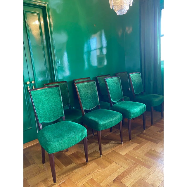 Set of Eight Jules Leleu Dining Chairs, Newly Restored in Emerald Bouclé For Sale - Image 12 of 12