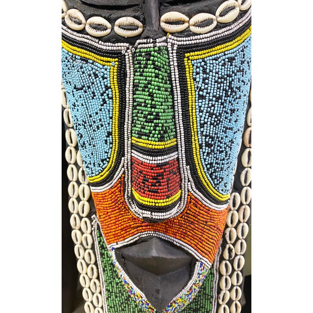 Large African Beaded Ghana Bakota Hand Carved Mask Wall Art 62.5" H For Sale In New York - Image 6 of 11