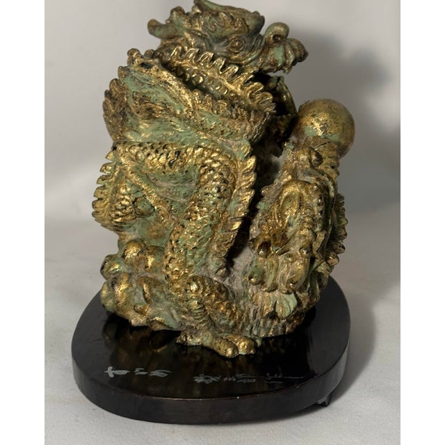 1930s Imperial Japanese Lacquer Base With Verdigris Dragon Sculpture Set For Sale - Image 4 of 11