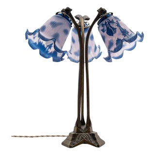 Art Nouveau Style French Table Lamp in Blue Glass, 1970 For Sale