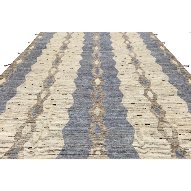 Textile 11 X 14 Modern Moroccan Tribal Style Wool Rug in Beige and Blue For Sale - Image 7 of 9