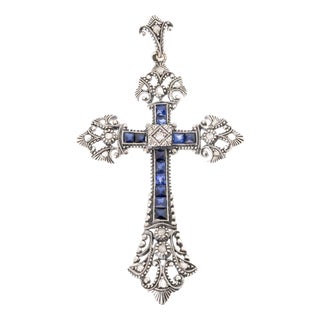 Silver and Gold Cross Pendant with Sapphires and Diamonds, 1800s For Sale