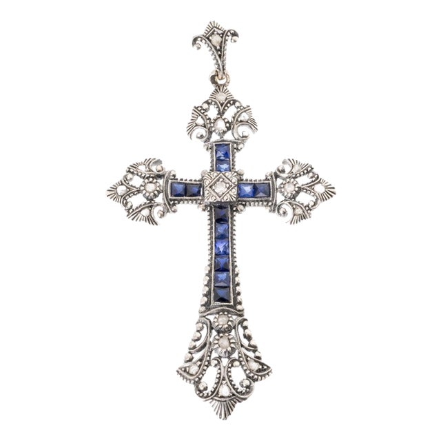 Silver and Gold Cross Pendant with Sapphires and Diamonds, 1800s For Sale