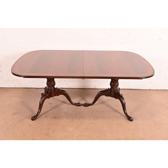 Drexel Heritage Georgian Banded Flame Mahogany Double Pedestal Extension Dining Table, Newly Refinished For Sale - Image 9 of 12