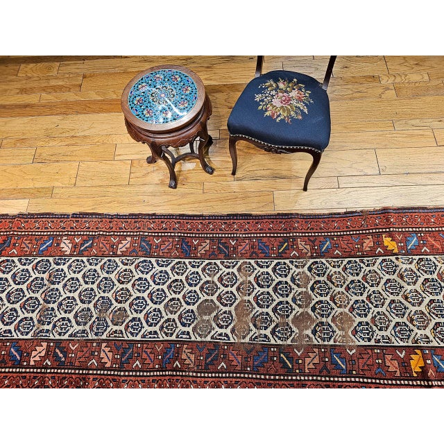 19th Century Persian Bidjar Runner, Hand-Knotted Wool, All-Over Paisley Pattern, Ivory & Rust Red, 3x13 For Sale - Image 4 of 14