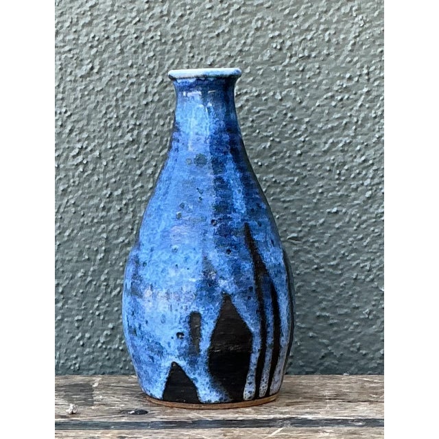 Vintage Blue Glazed Ceramic Vase For Sale - Image 4 of 12
