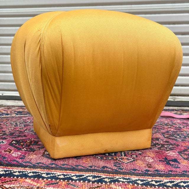 Karl Springer-style souffle style pouf or ottoman, fully upholstered in a golden silk upholstery fabric. Welcome to Solid...